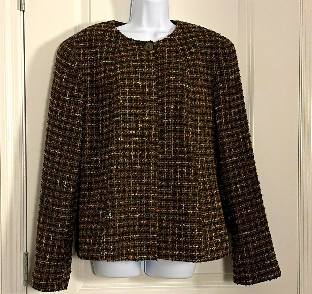 Donatella Green Multicolor Check Tweed Skirt Suit Set Lined 16 Flaws see pics